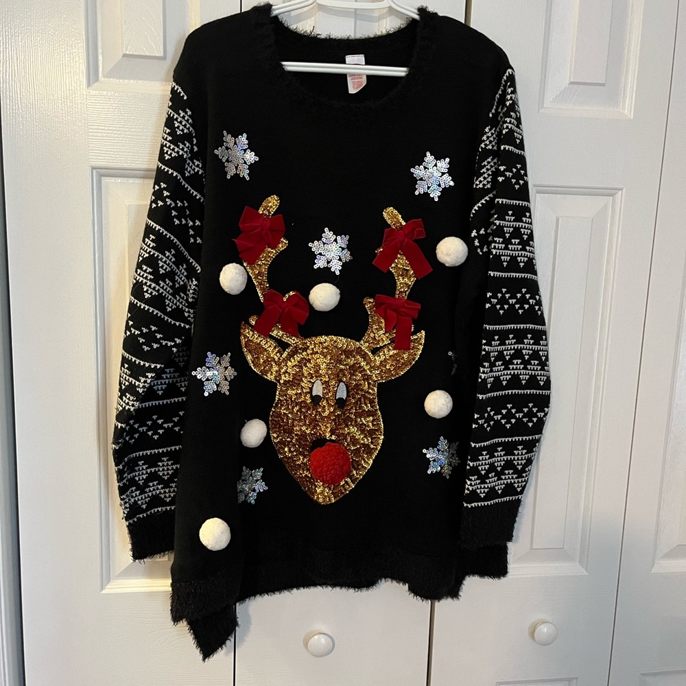 Holiday Time Black and Gold Reindeer Sweater